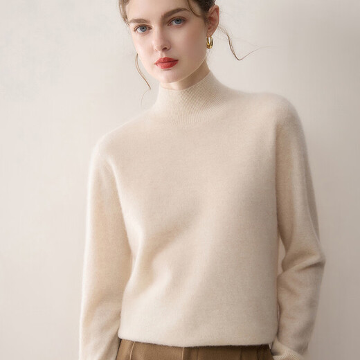 ERDOS Ordos 100% pure cashmere women's half turtleneck sweater women's knitted thickened bottoming sweater autumn and winter beige L recommended 105-120Jin Jin equals 0.5 kg