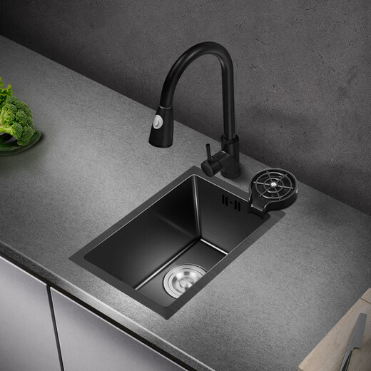 PULT Black Nano Kitchen Balcony Bar Handmade Small Sink Single Tank 304 Stainless Steel Washing Basin Mini Washing Pot With 6193 Round Faucet Full Set 380x300mm