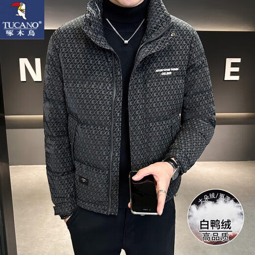 啄木鸟（TUCANO）羽绒服男短款冬季2025新款潮牌立领印花痞帅加厚男士冬装外套男装 咖啡色 L 建议 110-128斤