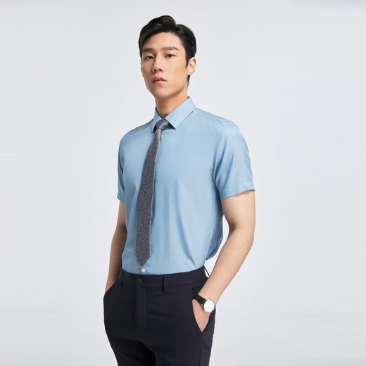 雅戈尔（YOUNGOR） 衬衫男士 夏季青年男商务休闲 高端短袖衬衫 灰蓝素色 40