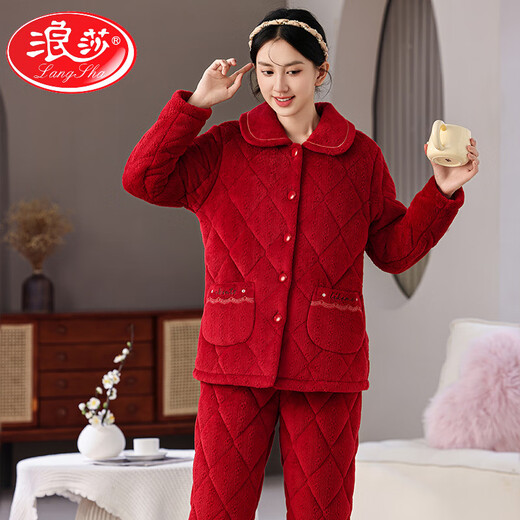 LangSha pajamas women's new winter coral velvet three-layer cotton thickened warm mother middle-aged and elderly home clothing set 9902# shrimp powder L [Suggested 90-115Jin [Jin equals 0.5 kg]]