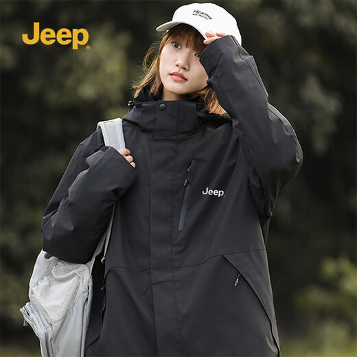 Jeep (JEEP) assault jacket for men and women, three-in-one two-piece set, warm, windproof and velvet jacket, Phantom Black L