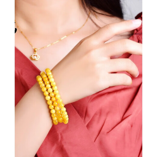 DL 1998 Fat Donglai same style beeswax bracelet chicken fat yellow natural yellow chalcedony bracelet beeswax color quartzite jade crystal bead diameter about 6mm three circles women's model