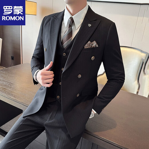 Romon haut de gamme authentique à double boutonnage pour hommes Authentiques Robe de réunion rayée Suit Slim-Fit Frendy Forme Purple (costume + pantalon + Vente + chemise) Collier M