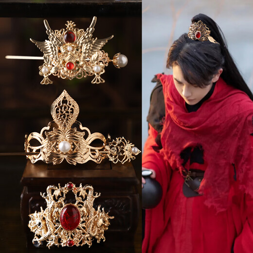 Rongxia ancient style hair accessories kc gold and silver ball head fairy hair crown top crown Song and Ming Dynasty style hairpin men and women martial arts hair accessories Jinnian hair crown set (gold)