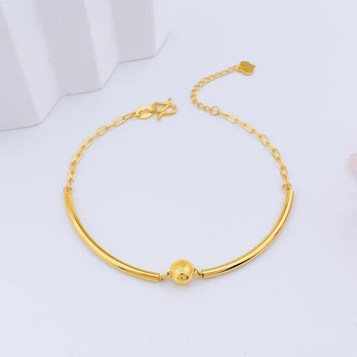 水贝之星猫眼黄金手手镯999足金素圈圆珠手链结婚三金首饰七夕三八节礼物 约7克