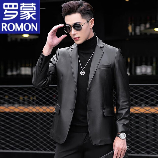 罗蒙（ROMON）真皮皮衣春秋中年皮西装男士绵羊皮夹克软皮薄新款西服海宁外套潮 黑色 175/XL