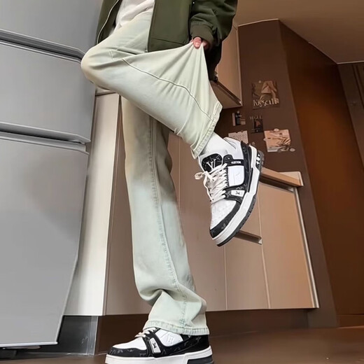 Black Box White American High Street Jeans Herren neuer 2024 Frühlings- und Sommer-Retro-Vibe-Hose Slim Elastic Micro-Flare Straight Hosen Sxnz-719 Yellow XL