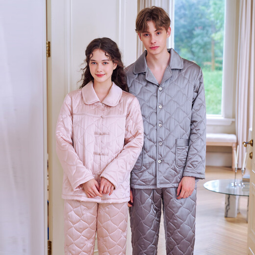 American Standard autumn and winter new three-layer thickened quilted couple's silk pajamas set casual silk women's mulberry silk home clothes for men withered rose (silk quilted) M