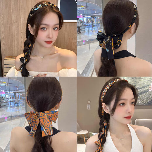 Suyi embroidery retro chain headband streamer headband one-piece satin fabric headdress temperament non-slip hair accessories blue streamer headband