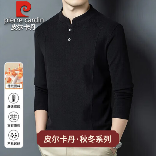 Pierre Cardin 2025 Autumn and Winter Reversible German Velvet Stand Collar Sweatshirt Men's Henley Collar Bottoming Shirt Trendy Versatile Long Sleeve T-Shirt Black D509 XL Recommended 130-150Jin Jin equals 0.5kg