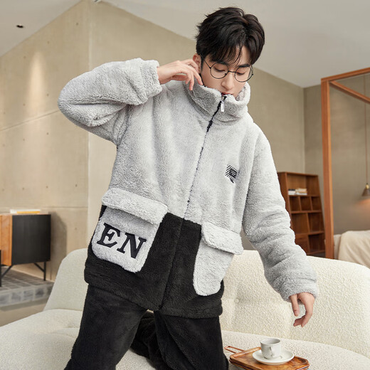 少年情话男士珊瑚绒睡衣秋冬季加厚加绒卡通学生冬天休闲家居服套装可外穿 1349N浅灰黑（加厚加绒） 标准XL(高172-177 130-150斤)
