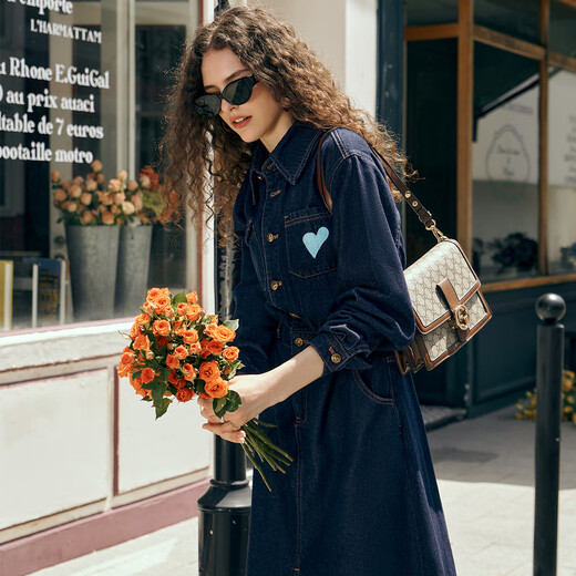 Olrain Prussian blue denim dress for women's spring clothes new waist-hugging embroidered age-reducing skirt denim blue L