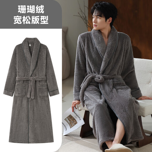 LangSha nightgown men's winter flannel warm plus velvet thickened long bathrobe coral velvet warm large size men's pajamas