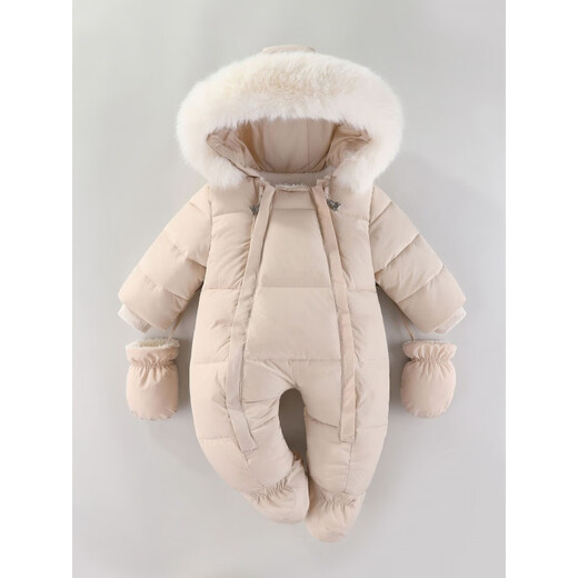 Ha Meng Deer baby jumpsuit hooded plus velvet thickened infant and toddler jumpsuit 2025 winter new style jumpsuit HY thick climbing double zipper beige 66cm 66 size recommended 0-3 months