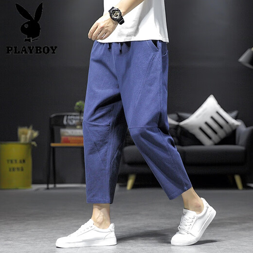 花花公子（PLAYBOY）亚麻九分裤男裤子棉麻哈伦裤日系复古休闲裤潮牌宽松灯笼裤薄 黑色 L 115-125斤