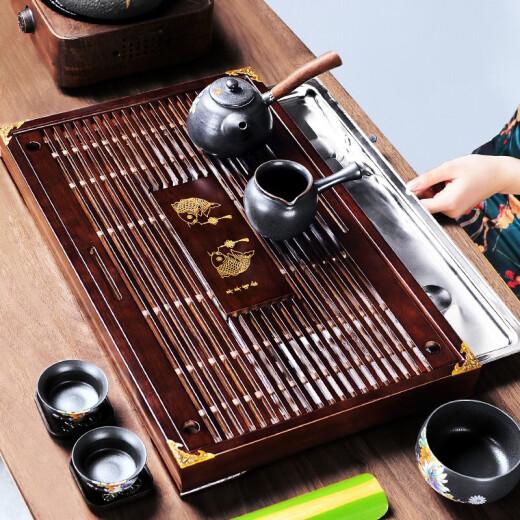 Shangyanfang simple solid wood tea tray household Kung Fu tea set large tea sea tray drain stainless steel bottom small tea table living room 7 Kemu bottom Qianli Jiangshan tea tray 38x25cm