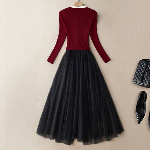 Cypress House Contrasting Color V-Ausschnitt Mesh Kleid 2025 Herbst Neue Frauenbogen Taille Midi Rock