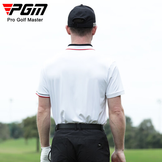 
PGM golf clothing men's short-sleeved summer sports t-shirt antibacterial elastic polo shirt color-blocking ribbed collar men's clothing YF684-white [top] L
