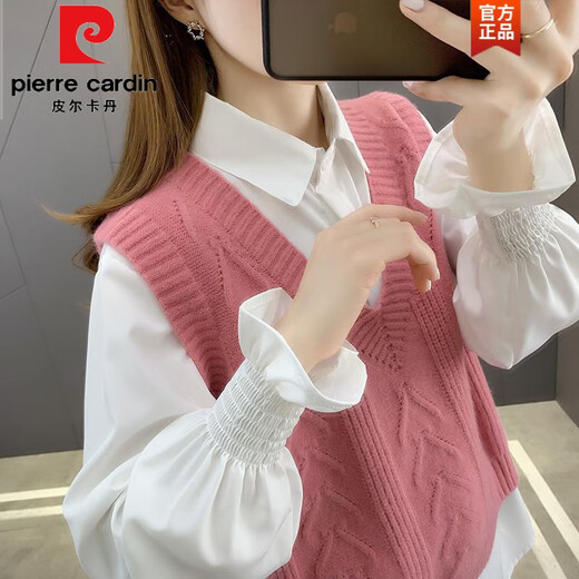 Pierre Cardin Frühjahr und Herbst 2025 Neue Frauenweste Strickweste Weste Pullover V-Ausschnitt Lose Pferdeclip außerhalb von Strick 1047 Yellow XL [Empfohlen 121jin [Jin ist gleich 0,5 kg] -130jin [Jin gleich 0,5 kg]]