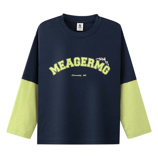 Zuoxi Boys T-shirt Long Sleeve Fake Two-piece Spring and Autumn Top 2025 New Children's Cotton Sweatshirt Navy 160