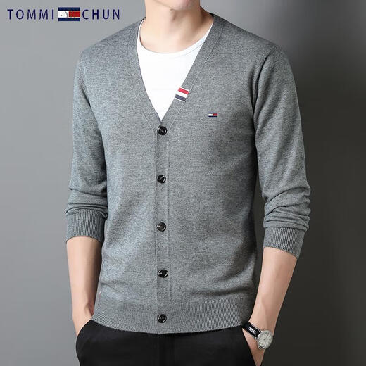 TOME BORNEKTomm汤米纯羊绒开衫男士休闲免烫V领针织羊毛衫毛衣外套男潮 灰色 165