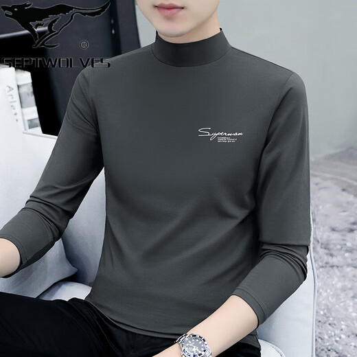 Septwolves pure cotton half-high collar long-sleeved T-shirt men's versatile printed autumn clothes with letters ins Korean style mid-collar slim T-shirt trendy carbon gray M