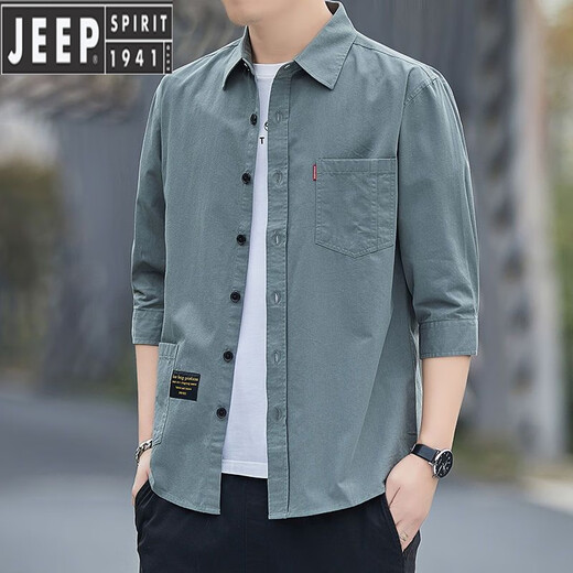 JEEP SPIRIT高档纯棉免烫夏季衬衫男士宽松版七分袖衬衣工装中袖外套休闲百搭 高质量纯棉料七分袖5008(浅蓝色) L 115斤-135斤