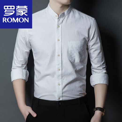 
ROMON men's Chinese stand-up collar shirt 100 cotton business casual long-sleeved shirt dad's suit solid color base shirt 11162 light blue LY 170/110