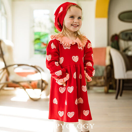 Happyology British children's autumn and winter new skirt girl's love woolen ruffled jacquard dress princess red 92 (92cm)