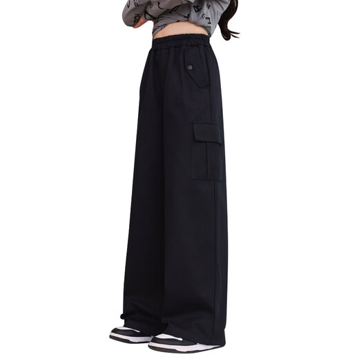 优优1点（Yoyo one）女童工装裤春秋2024儿童黑色秋装新款阔腿裤大童休闲裤子直筒运动 15099黑色 120cm