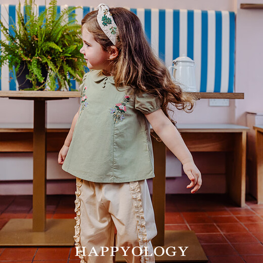 Happyology British children's princess embroidered girls' top lapel short-sleeved spring and summer shirt mango yellow 104 (104cm)