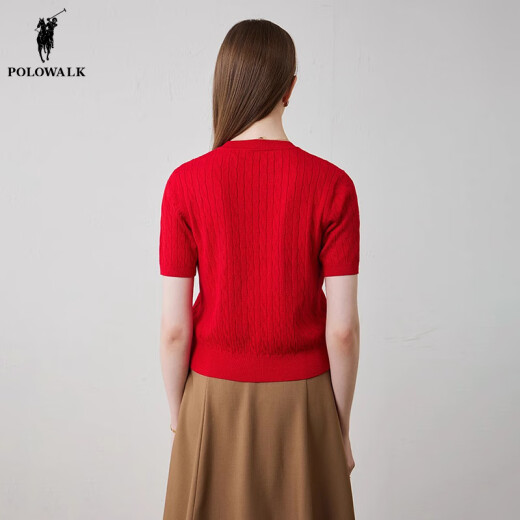 POLOWALK red sweater women's 2024 summer new temperament intellectual round neck Korean style cable short-sleeved sweater red S