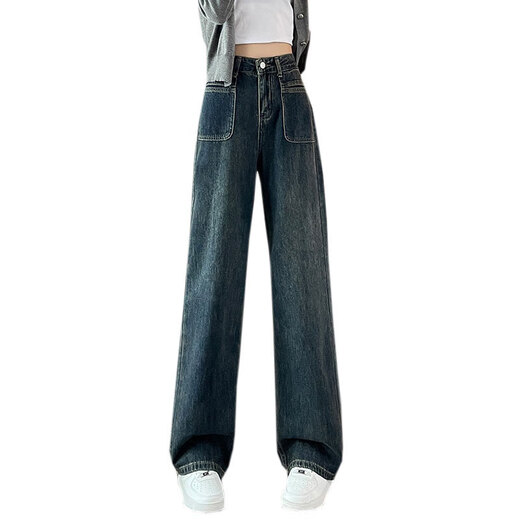 Markyinxiang plus Velvet cálido de diseño azul y gris de bolsillo recto de bolsillo recto piso de caña espesada pantalones de pierna ancha para mujeres azules y grises [espesado] más terciopelo HN679-3 XL