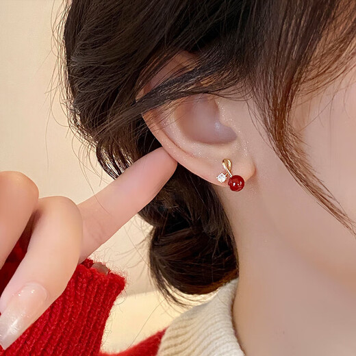 Youfang Red Acacia Bean Imitation Zirconia Earrings Women's Niche Design Light Luxury High-Quality New Year's Earrings 2025 New Gold Pair