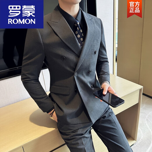 ROMON double-breasted gun lapel suit men's suit slim casual business formal groom wedding dress three-piece suit black double-breasted suit + trousers XL 125-140Jin Jin equals 0.5 kg