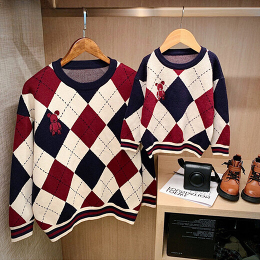 G.duck bombs the street parent-child outfits for a family of three in autumn and winter, mother-daughter outfits, mother-child outfits, Western-style knitted cardigans, Chinese New Year outfits, trendy sweaters, patchwork color cardigans and sweaters, 80 children's tops