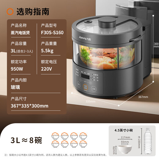 Joyoung (Joyoung) multi-functional rice cooker rice cooker electric steamer 3 liters 2~3 people cooking visual steam heating uncoated glass inner liner low sugar S160 sky series