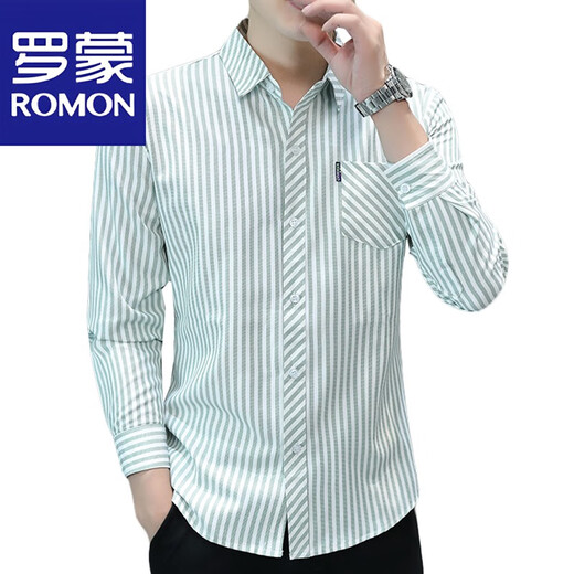 罗蒙（ROMON）春秋季高级感薄款条纹衬衫男士长袖商务休闲衬衣修身免烫男人寸衫 719灰色 XL 120-133斤