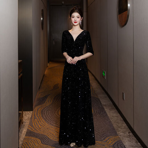 Chuangjingyi Selects Evening Dress Feminine Banquet High-End Luxury Black Art Exam Host Piano Conductor Sequined Party Dress Black S
