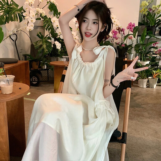 Qiaoyi Langes Kleid für Frauen, Hosenträger, Strand, Strand, sanfte und reine und fotografische Sommer-Neuerung, losen Rock, Urlaubsspanner, Kleid [Aprikosenfarbe] M (Empfohlene 100-112 Jin [Jin entspricht 0,5 kg]))