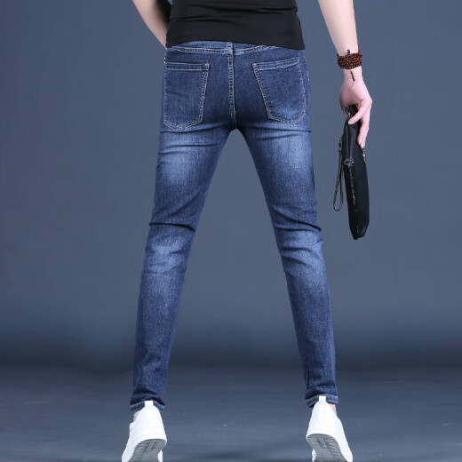 酷人头（KuRenTou）深蓝色牛仔裤男2025新款潮流百搭修身小脚男士休闲长裤春夏男裤子 718蓝色 28