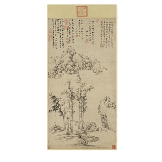 元倪瓒江干秋树图古代山水画卷轴文人复仿古画挂画 元倪瓒渔庄秋霁图12129 60X120厘米（喷绘画心尺寸） 花