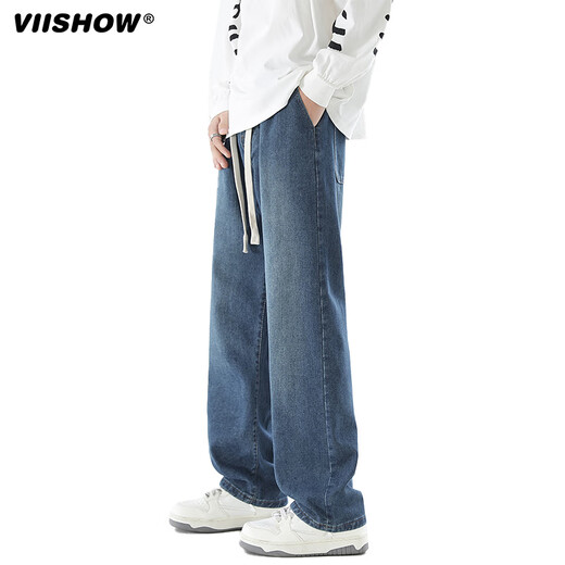 Viishow washed jeans men's simple retro casual loose versatile straight trend brand cleanfit wide leg work pants black L