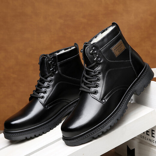 
TOP GLORIA Martin boots men's genuine leather military hook cruiser wool cotton boots winter warm plus velvet men's shoes cowhide casual snow boots 3519 black (wool) 38