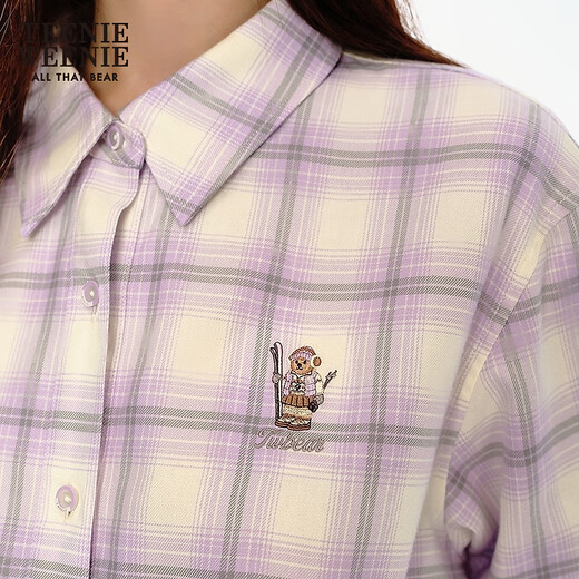 Teenie Weenie Bear Women's Shirt Winter Fashionable Fun Embroidered Color Lapel Plaid Shirt Top Light Purple M