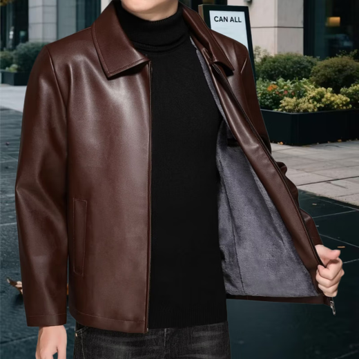 Middle-aged men's leather jacket plus velvet leather jacket men's casual loose large size leather jacket middle-aged and elderly dad wear black plus velvet 2XL