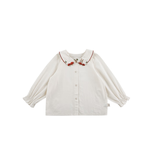 Young girls three-dimensional embroidery cut edge lapel shirt 2025 spring fungus flower blooming pleated cuffs casual top beige 90cm