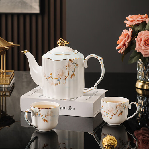 Yanze bone china rotatable water set tea set teapot teacup set opening housewarming gift light luxury high-end gift box bone china magnolia branch set-wooden gift box
