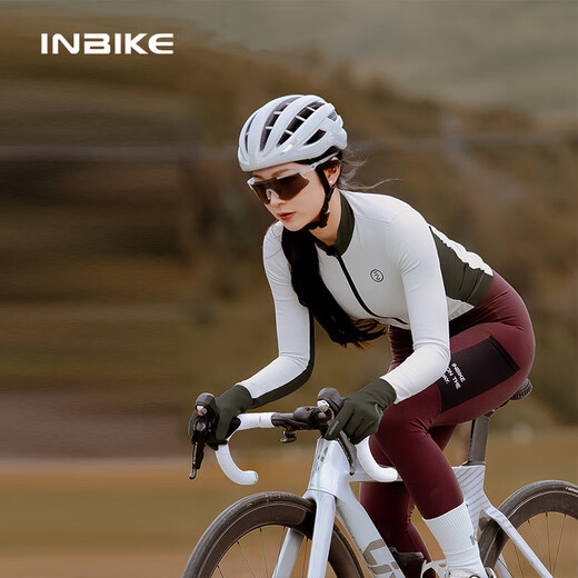 INBIKE windproof cycling jacket fleece warm autumn and winter long-sleeved women's top road mountain bike bud white M